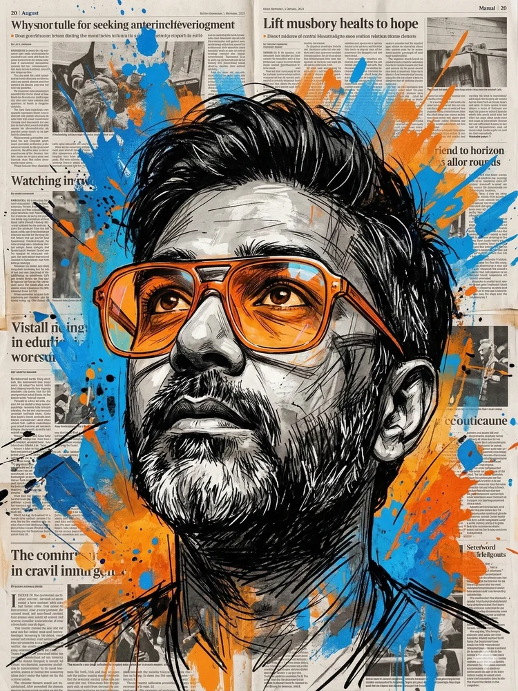 Illustrated portrait of Aabhishek Siloya wearing orange glasses and looking upward